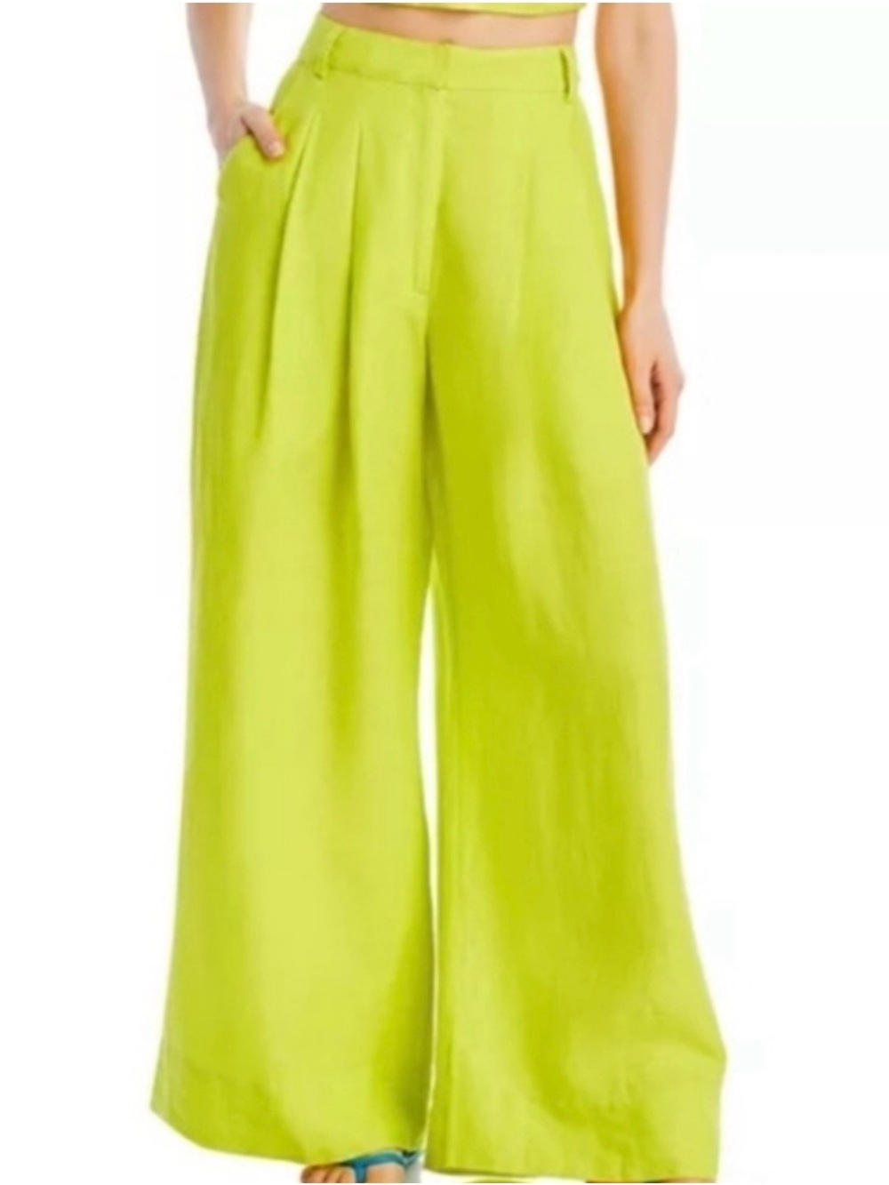 NWT FARM Rio High-Waist Linen Wide-Leg Pants in Lime 🍋🟩 🦜 - Picture 2 of 5